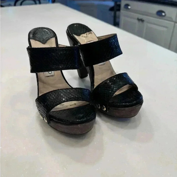 Jimmy Choo Ulrika Black Leather Snakeskin Wood Sandals High Heel Size EU 38 US 8 - Picture 11 of 12